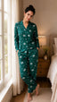 Women Green Printed Satin Night Suit Set for Women | Full Sleeve Shirt & Pyjama Co-ord Sleepwear Set
