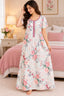 Women’s Floral Printed Full-Length Night Gown with Round Neck & Short Sleeves