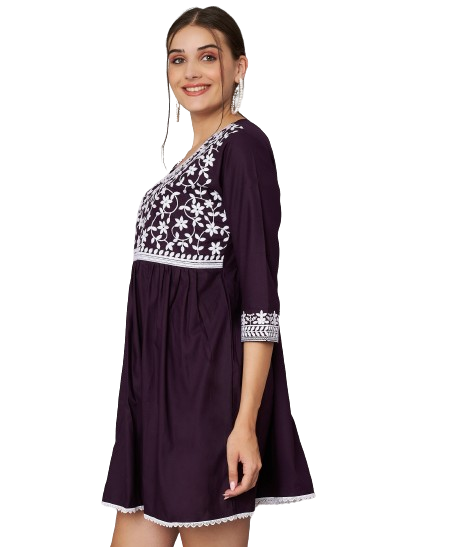 KOI SLEEPWEAR Beautiful Short Embroidered Dress WINE