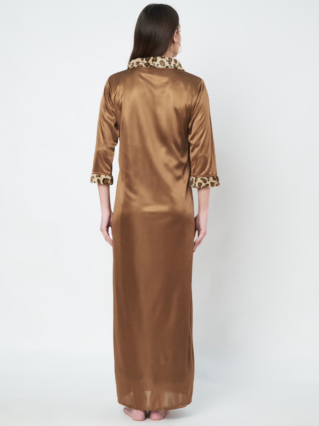 KOI SLEEPWEAR Satin Wrap Maxi Nightgown with Leopard Print