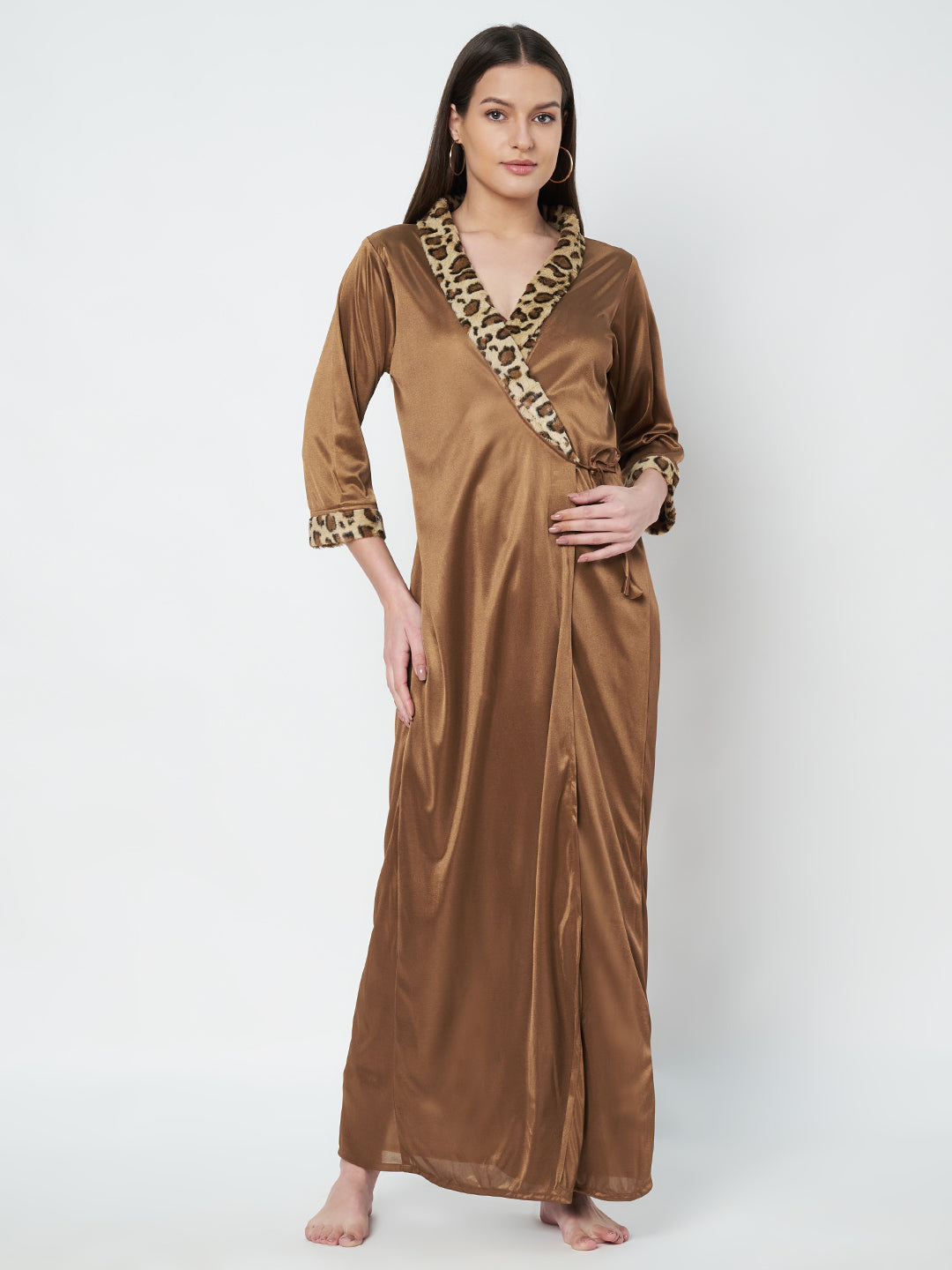 KOI SLEEPWEAR Satin Wrap Maxi Nightgown with Leopard Print