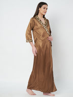 KOI SLEEPWEAR Satin Wrap Maxi Nightgown with Leopard Print