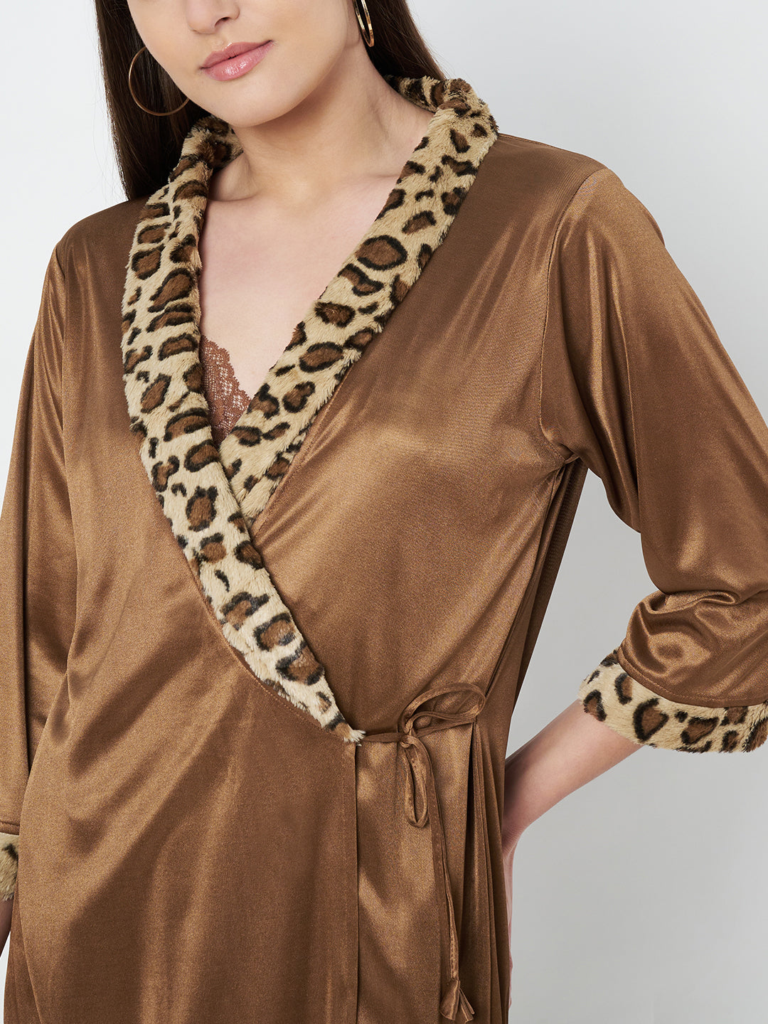 KOI SLEEPWEAR Satin Wrap Maxi Nightgown with Leopard Print
