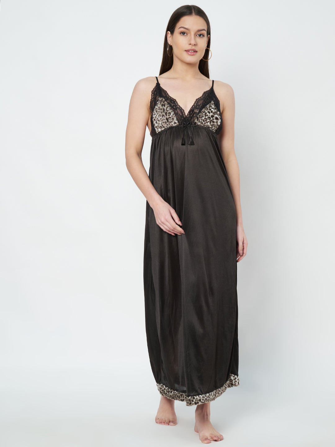 KOI SLEEPWEAR Satin Wrap Maxi Nightgown with Leopard Print