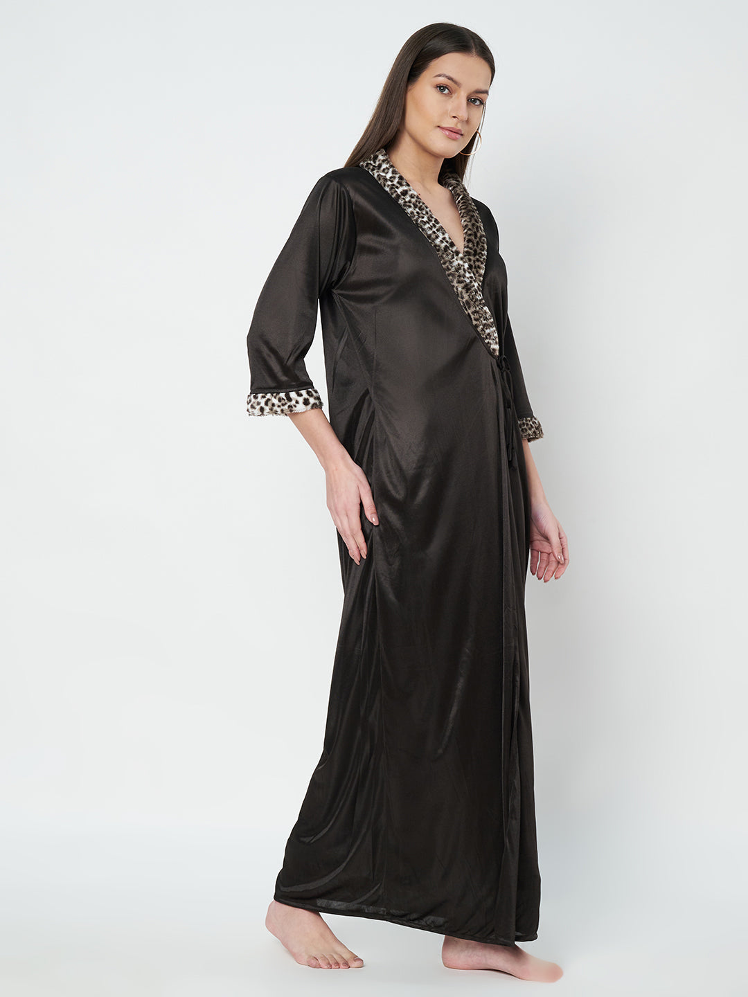 KOI SLEEPWEAR Satin Wrap Maxi Nightgown with Leopard Print