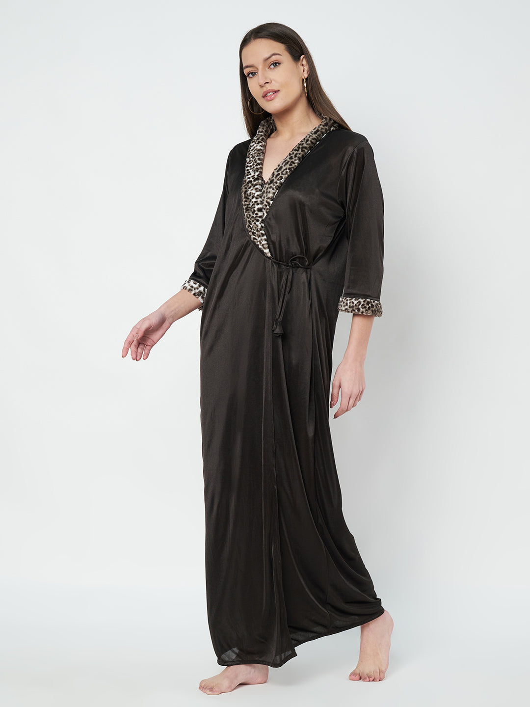 KOI SLEEPWEAR Satin Wrap Maxi Nightgown with Leopard Print