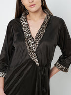KOI SLEEPWEAR Satin Wrap Maxi Nightgown with Leopard Print