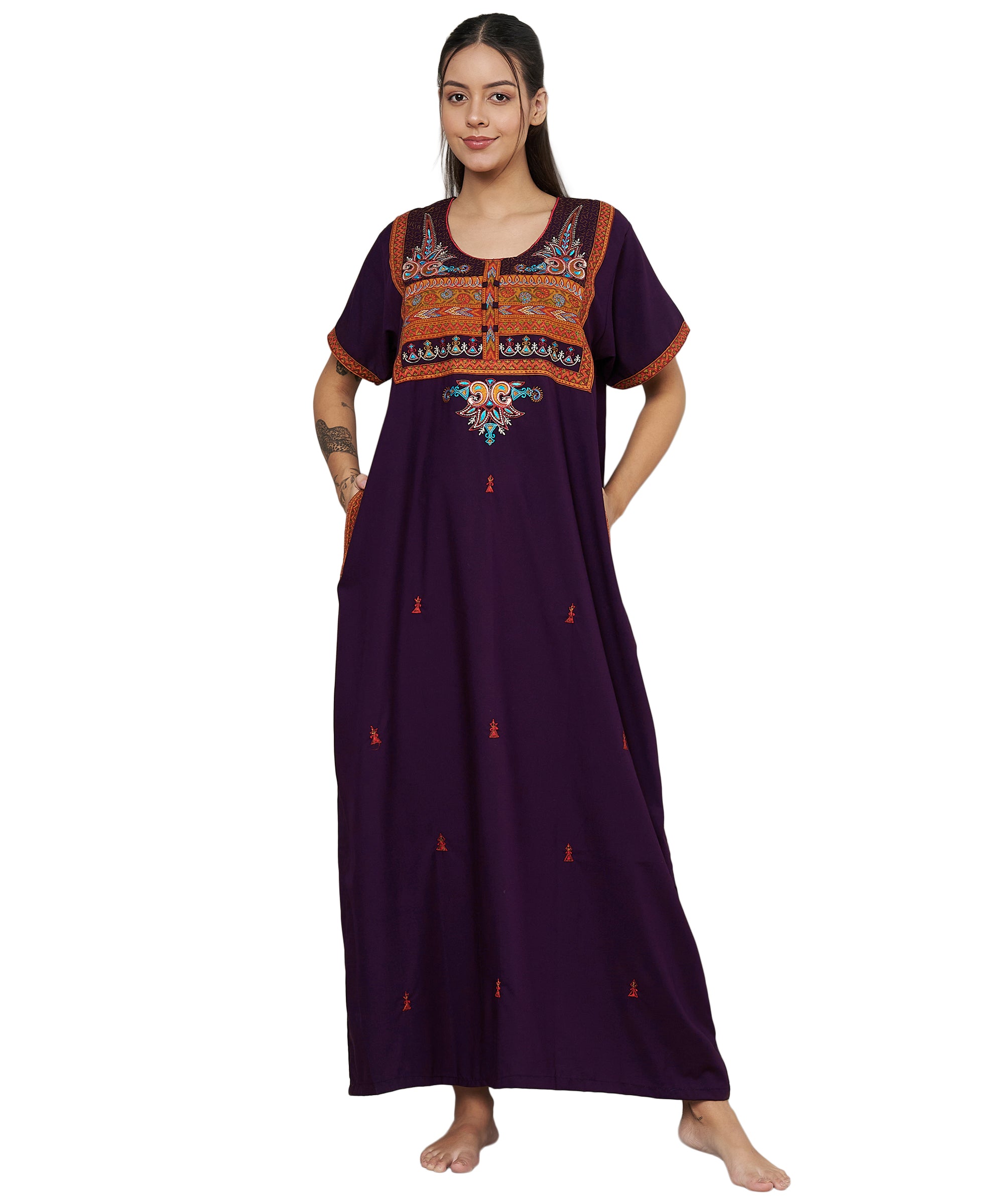 KOI SLEEPWEAR SQR neck bhopali embroidered gown