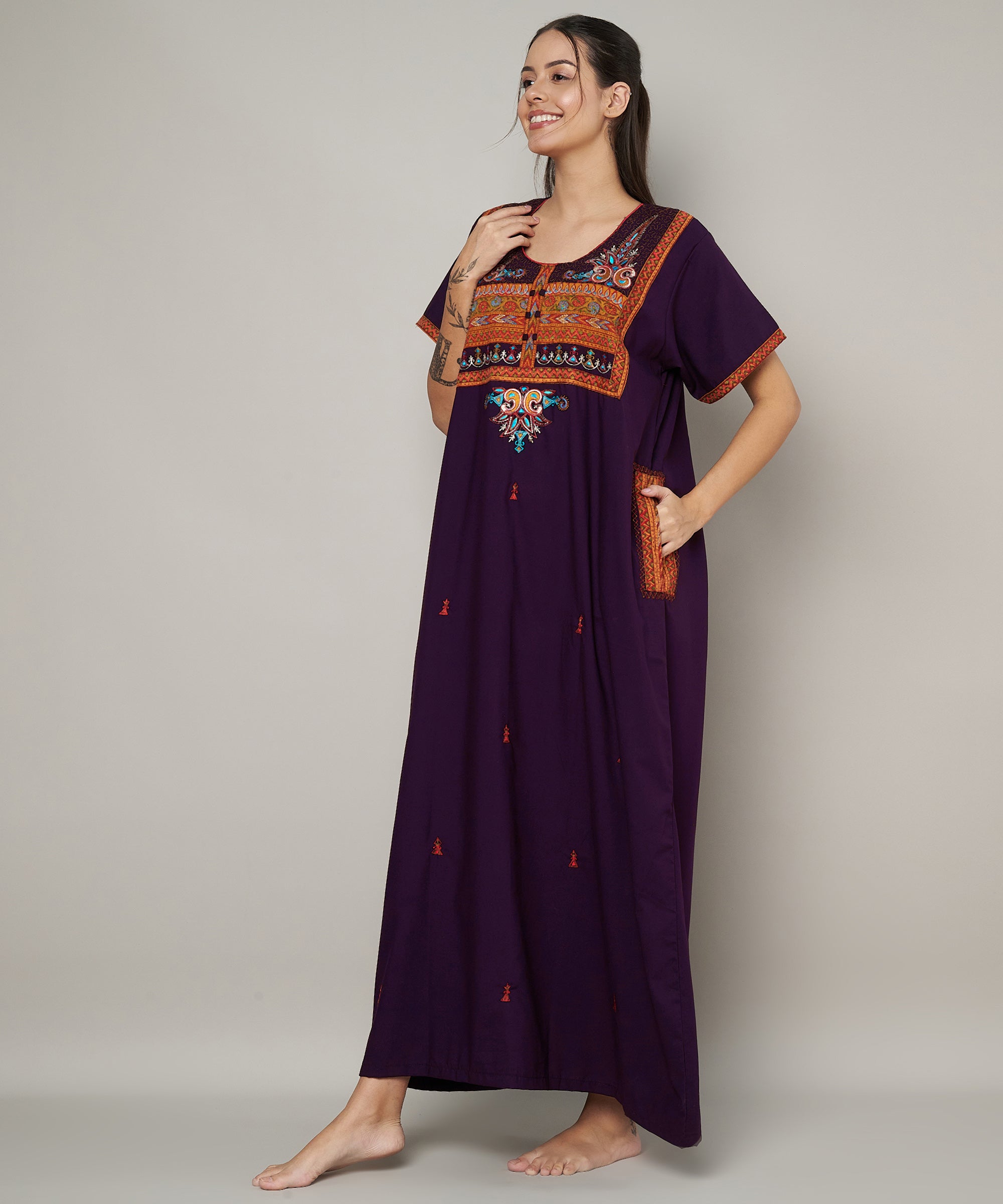 KOI SLEEPWEAR SQR neck bhopali embroidered gown