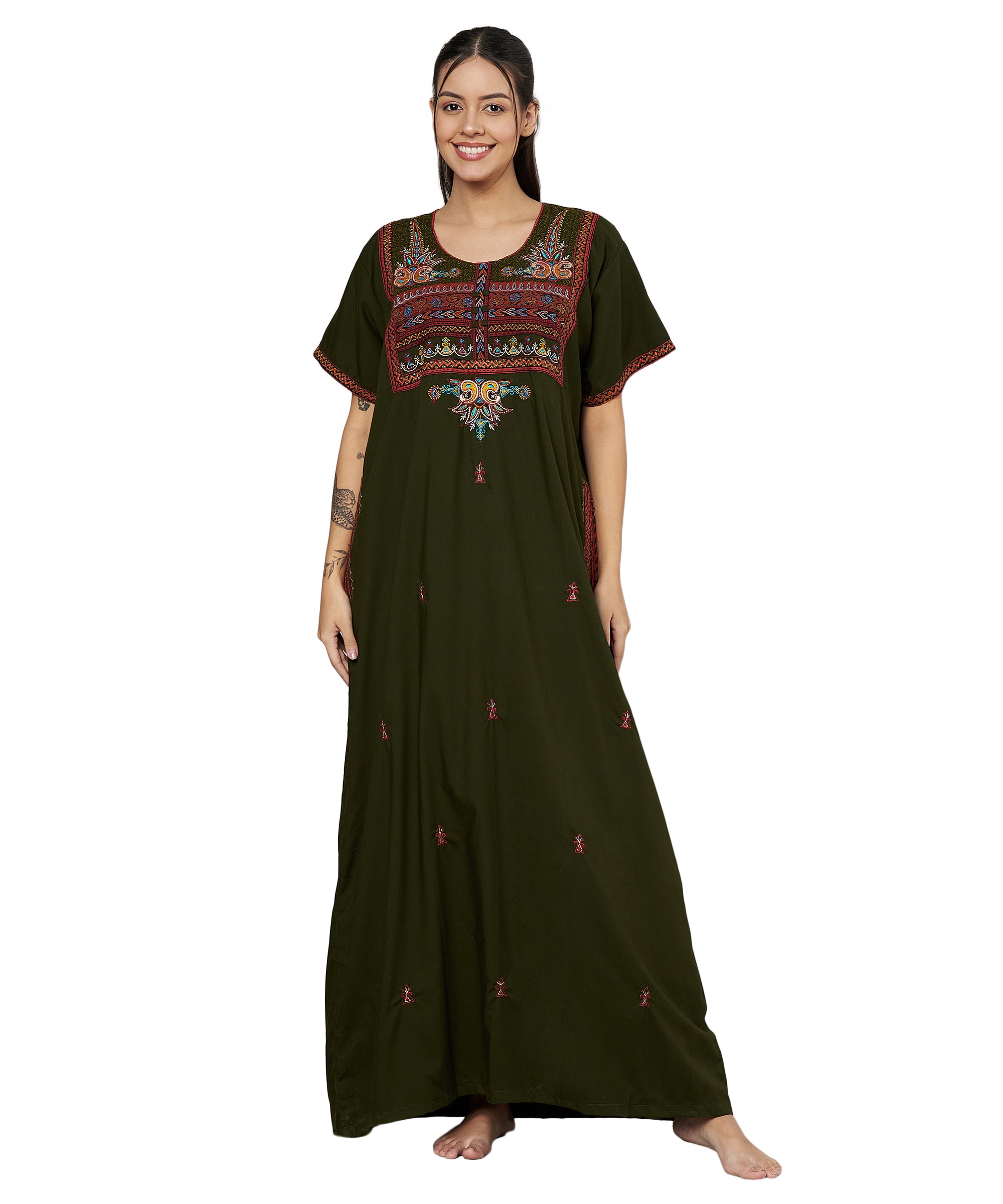 KOI SLEEPWEAR SQR neck bhopali embroidered gown KOI Sleepwear KOI SLEEPWEAR SQR neck bhopali embroidered gown KOI Sleepwear