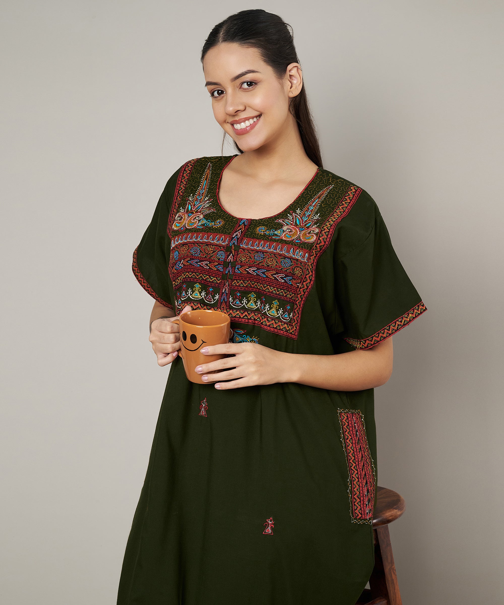 KOI SLEEPWEAR SQR neck bhopali embroidered gown