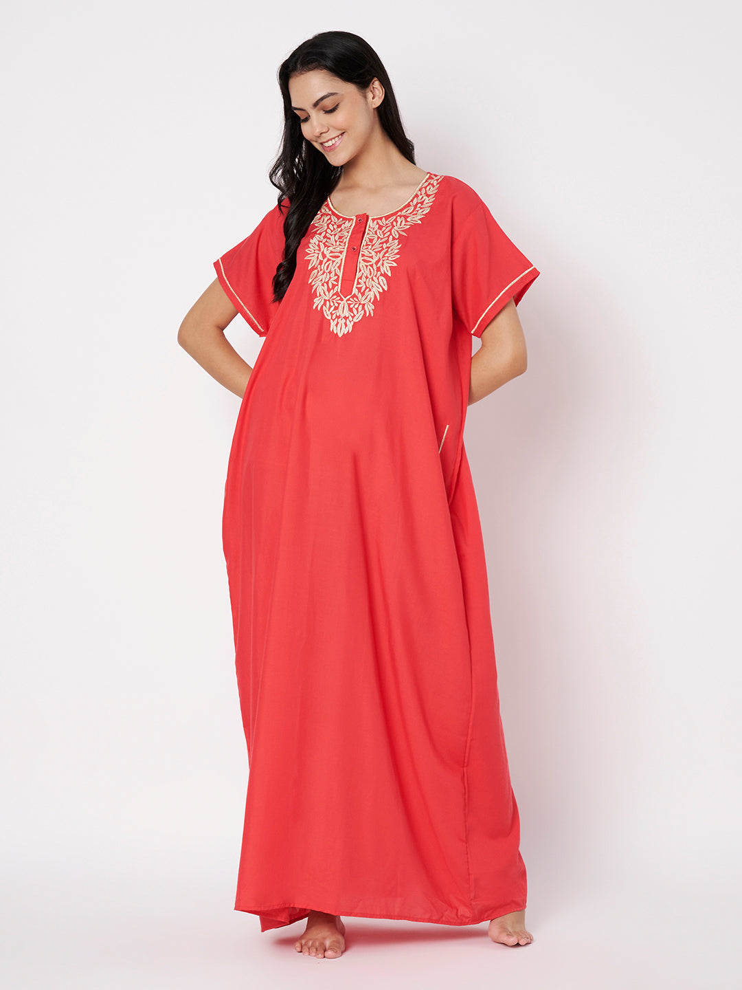 Gulnaar Coral Resham Embroidered Lounge Gown
