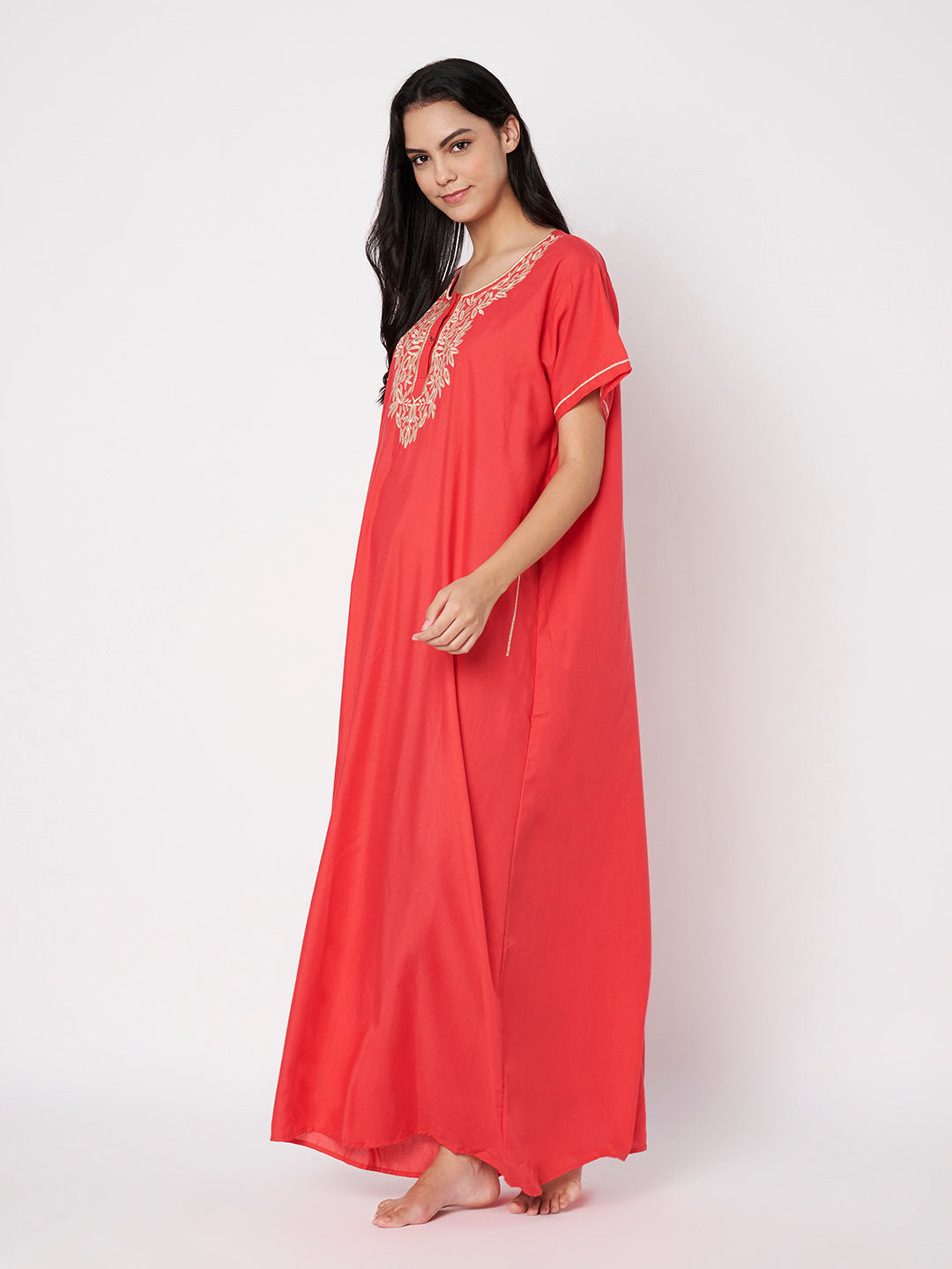 Gulnaar Coral Resham Embroidered Lounge Gown