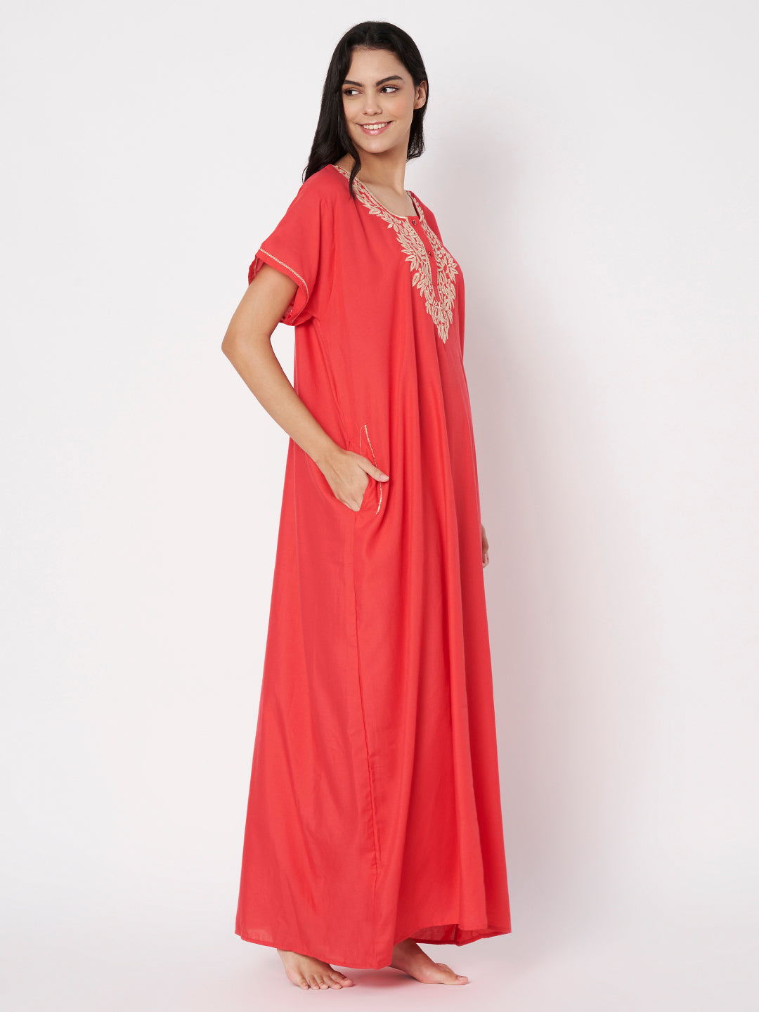 Gulnaar Coral Resham Embroidered Lounge Gown