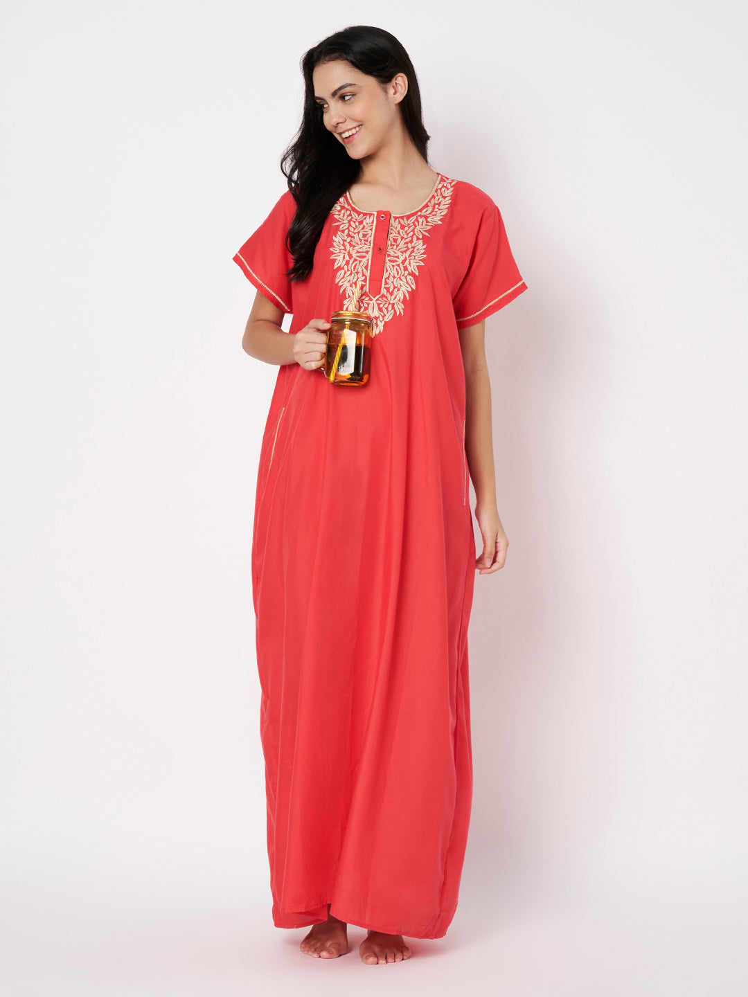 Gulnaar Coral Resham Embroidered Lounge Gown