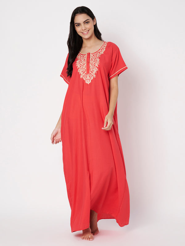 Gulnaar Coral Resham Embroidered Lounge Gown