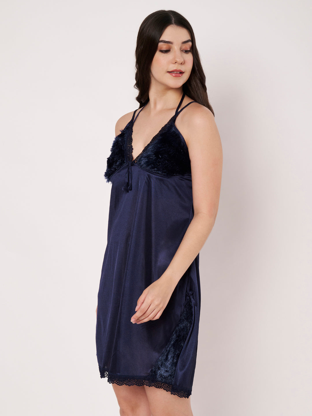 KOI Sleepwear Women’s Satin Short Nightdress with Soft Faux Fur Detailing – Comfortable and Stylish Nightwear