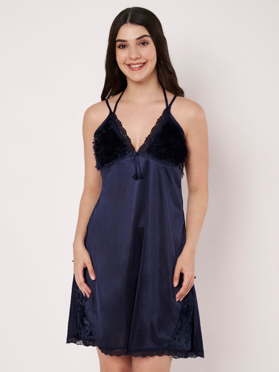 KOI Sleepwear Women’s Satin Short Nightdress with Soft Faux Fur Detailing – Comfortable and Stylish Nightwear