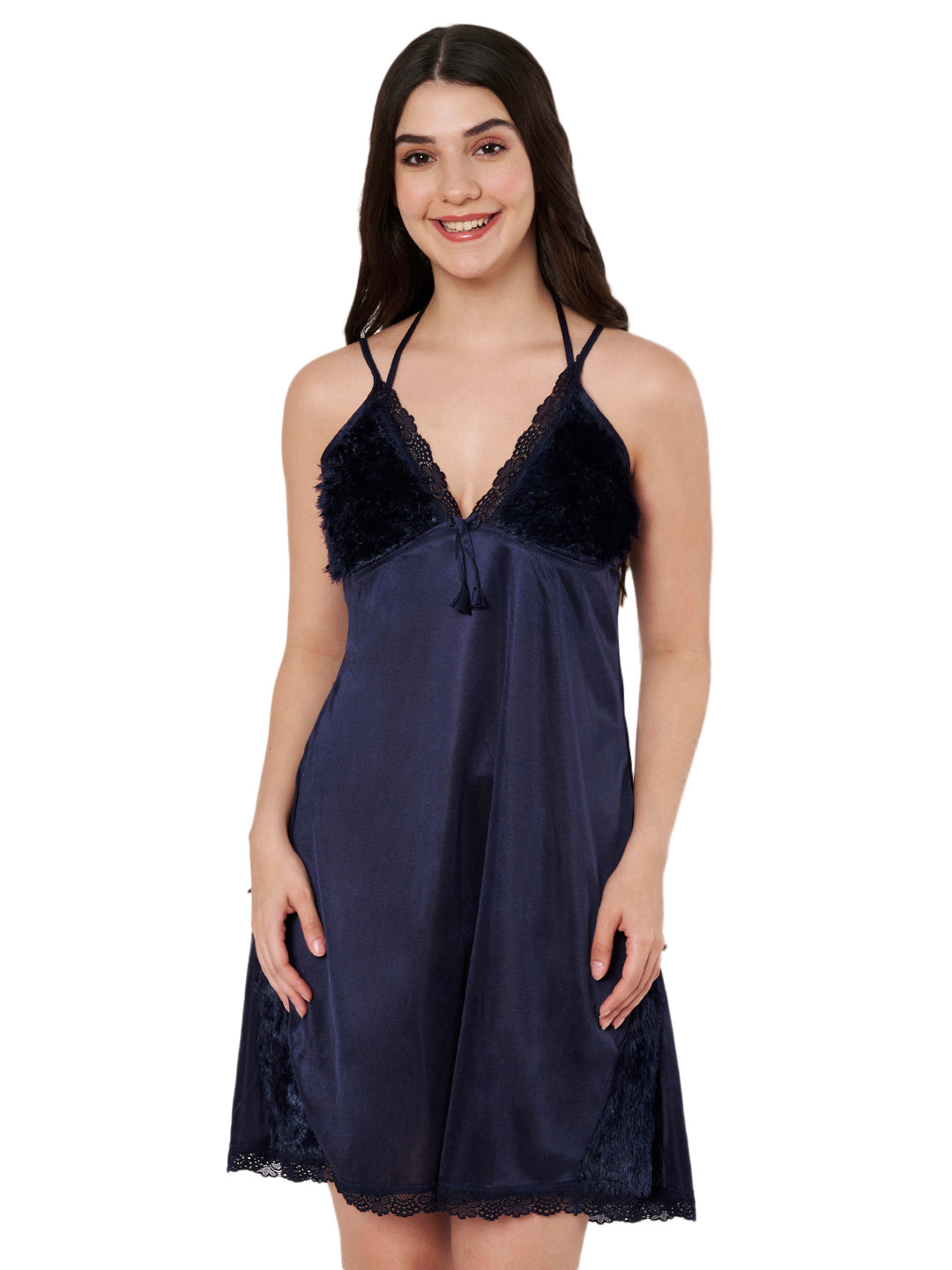 KOI Sleepwear Women’s Satin Short Nightdress with Soft Faux Fur Detailing – Comfortable and Stylish Nightwear