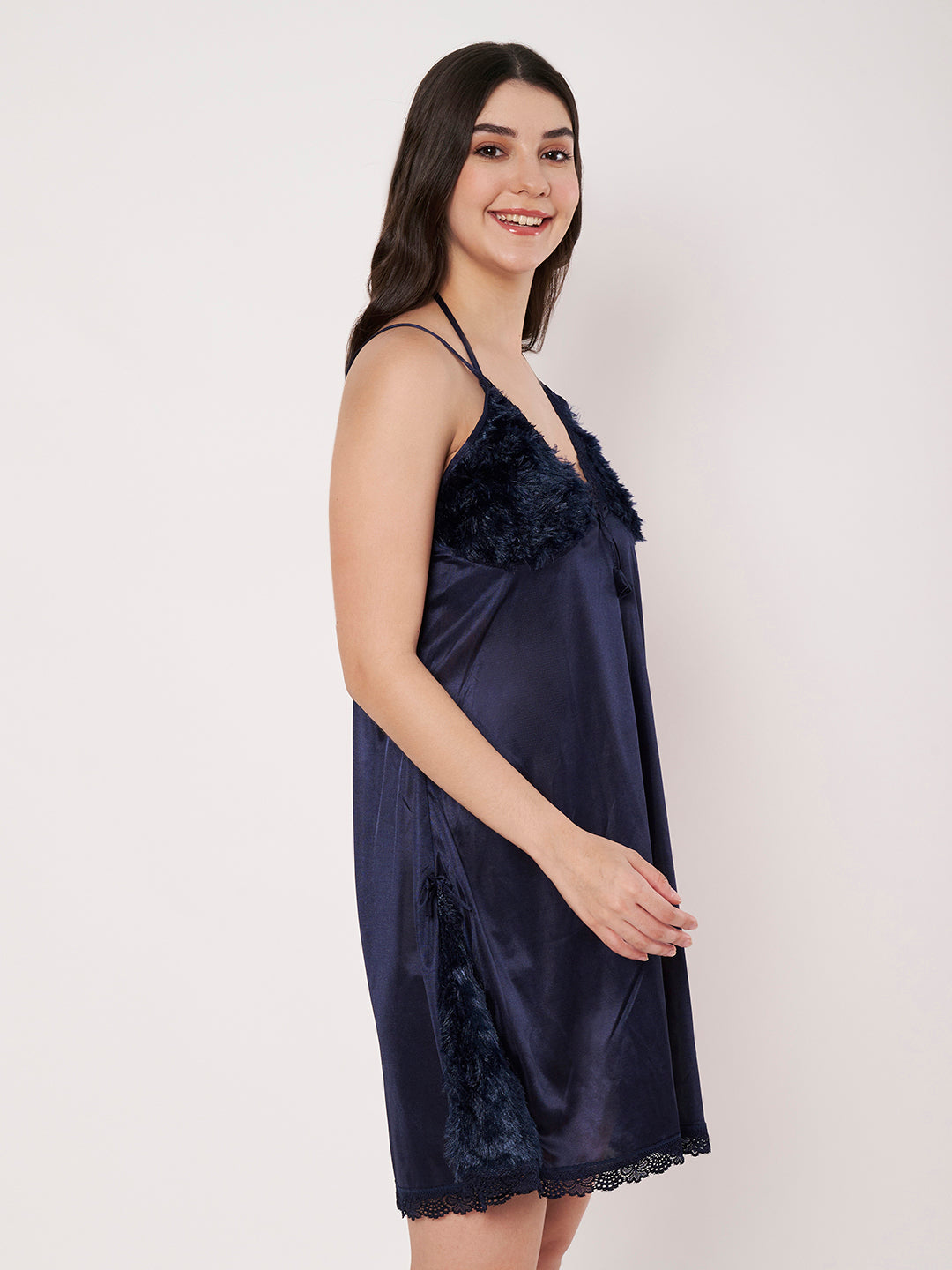 KOI Sleepwear Women’s Satin Short Nightdress with Soft Faux Fur Detailing – Comfortable and Stylish Nightwear