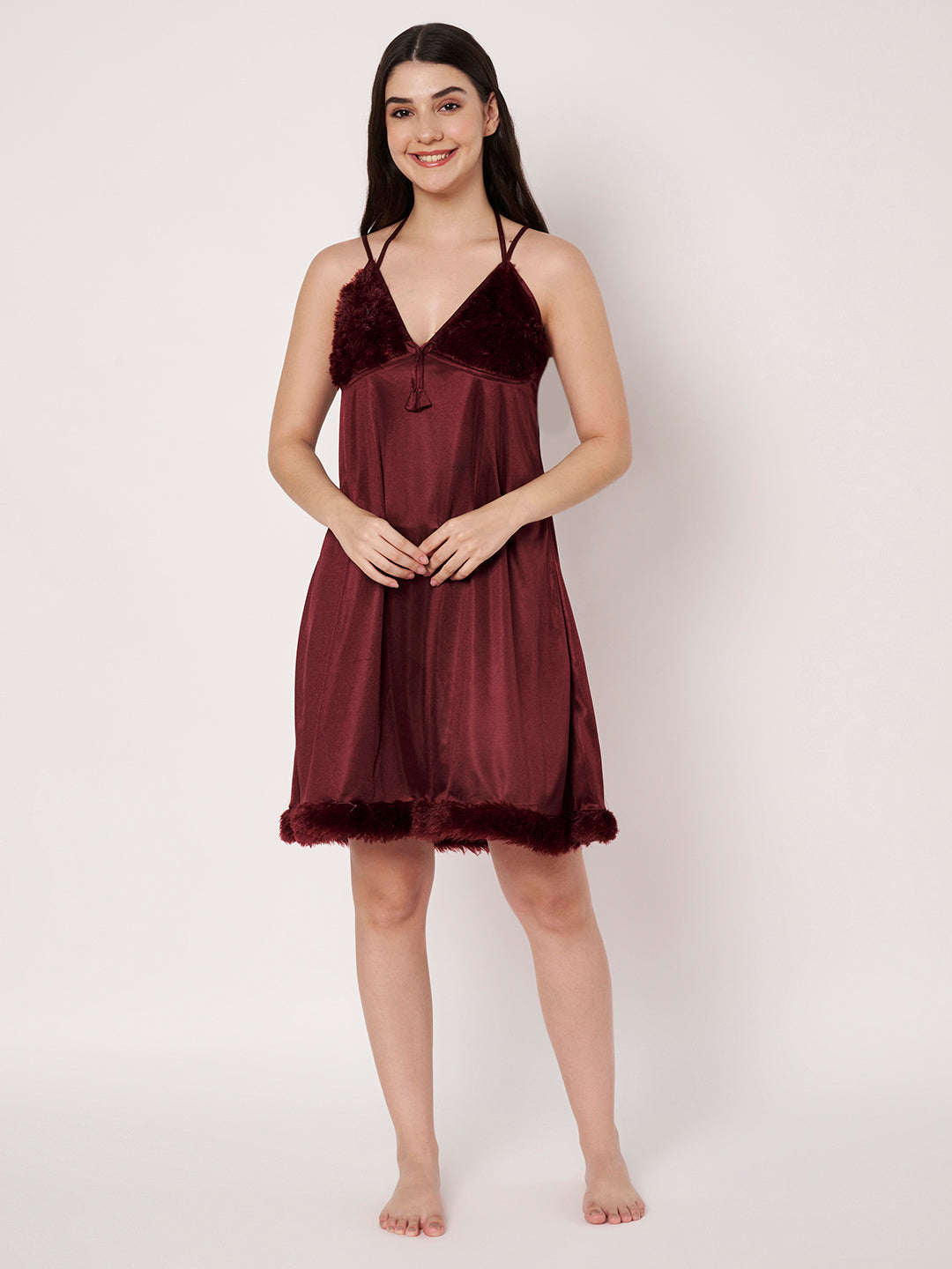 KOI Sleepwear Women’s Satin Short Nightdress with Soft Faux Fur Detailing – Comfortable and Stylish Nightwear