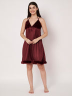 KOI Sleepwear Women’s Satin Short Nightdress with Soft Faux Fur Detailing – Comfortable and Stylish Nightwear