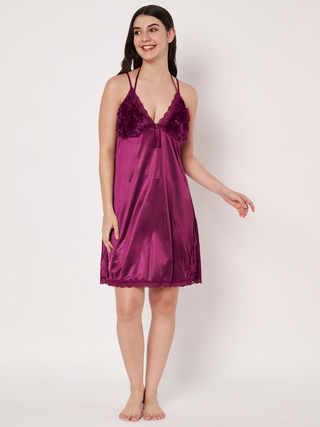 KOI Sleepwear Women’s Satin Short Nightdress with Soft Faux Fur Detailing – Comfortable and Stylish Nightwear