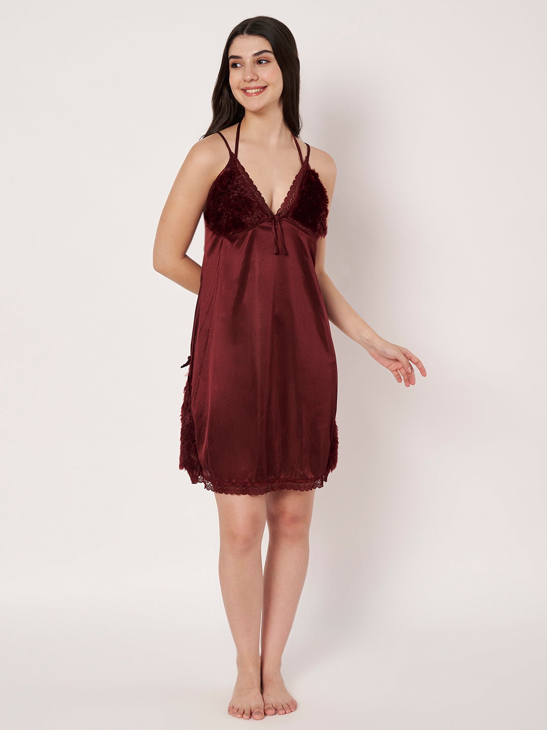 KOI Sleepwear Women’s Satin Short Nightdress with Soft Faux Fur Detailing – Comfortable and Stylish Nightwear