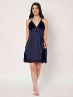 KOI Sleepwear Women’s Satin Short Nightdress with Soft Faux Fur Detailing – Comfortable and Stylish Nightwear