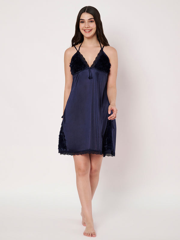 KOI Sleepwear Women’s Satin Short Nightdress with Soft Faux Fur Detailing – Comfortable and Stylish Nightwear