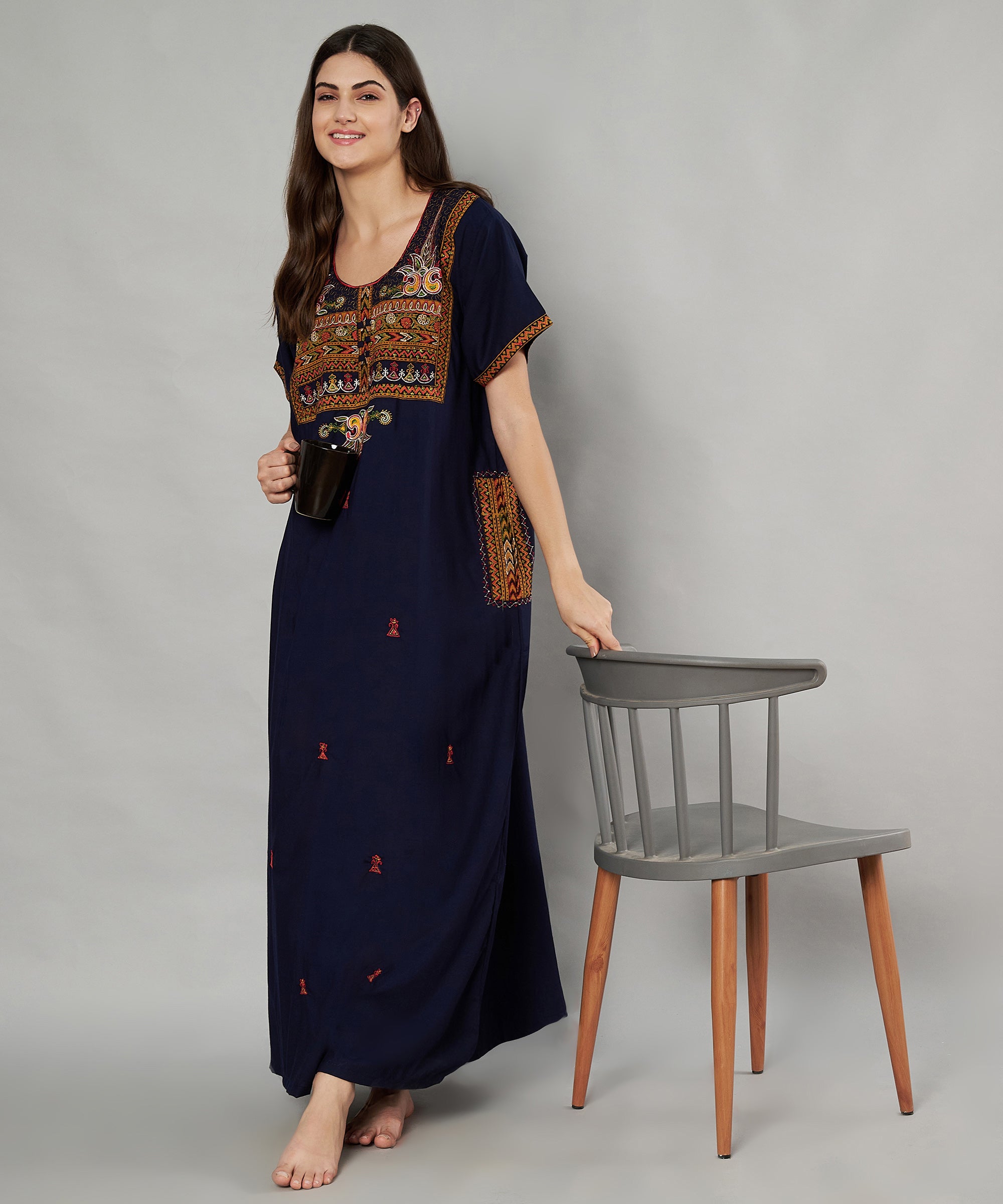 KOI SLEEPWEAR SQR neck bhopali embroidered gown