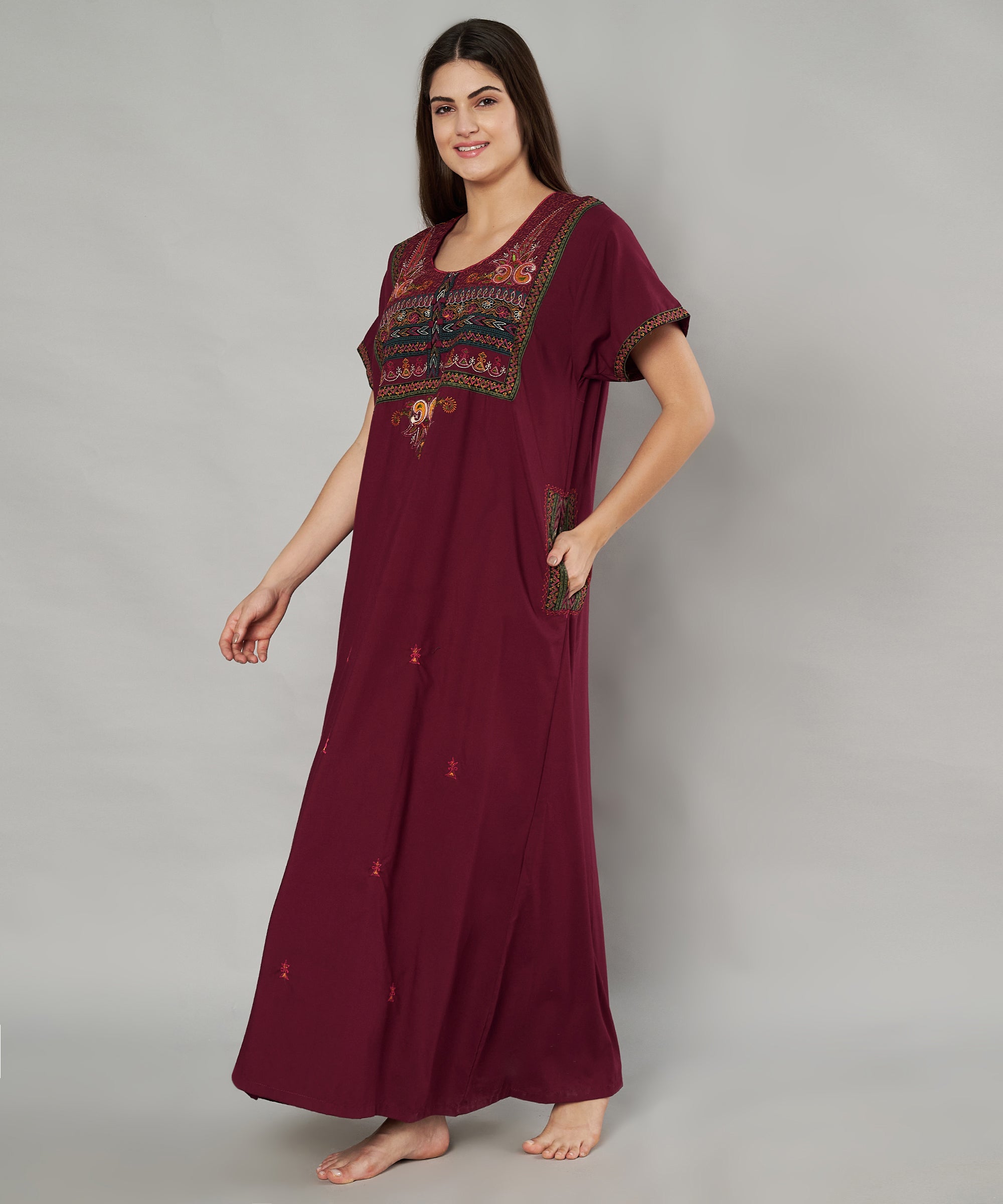 KOI SLEEPWEAR SQR neck bhopali embroidered gown