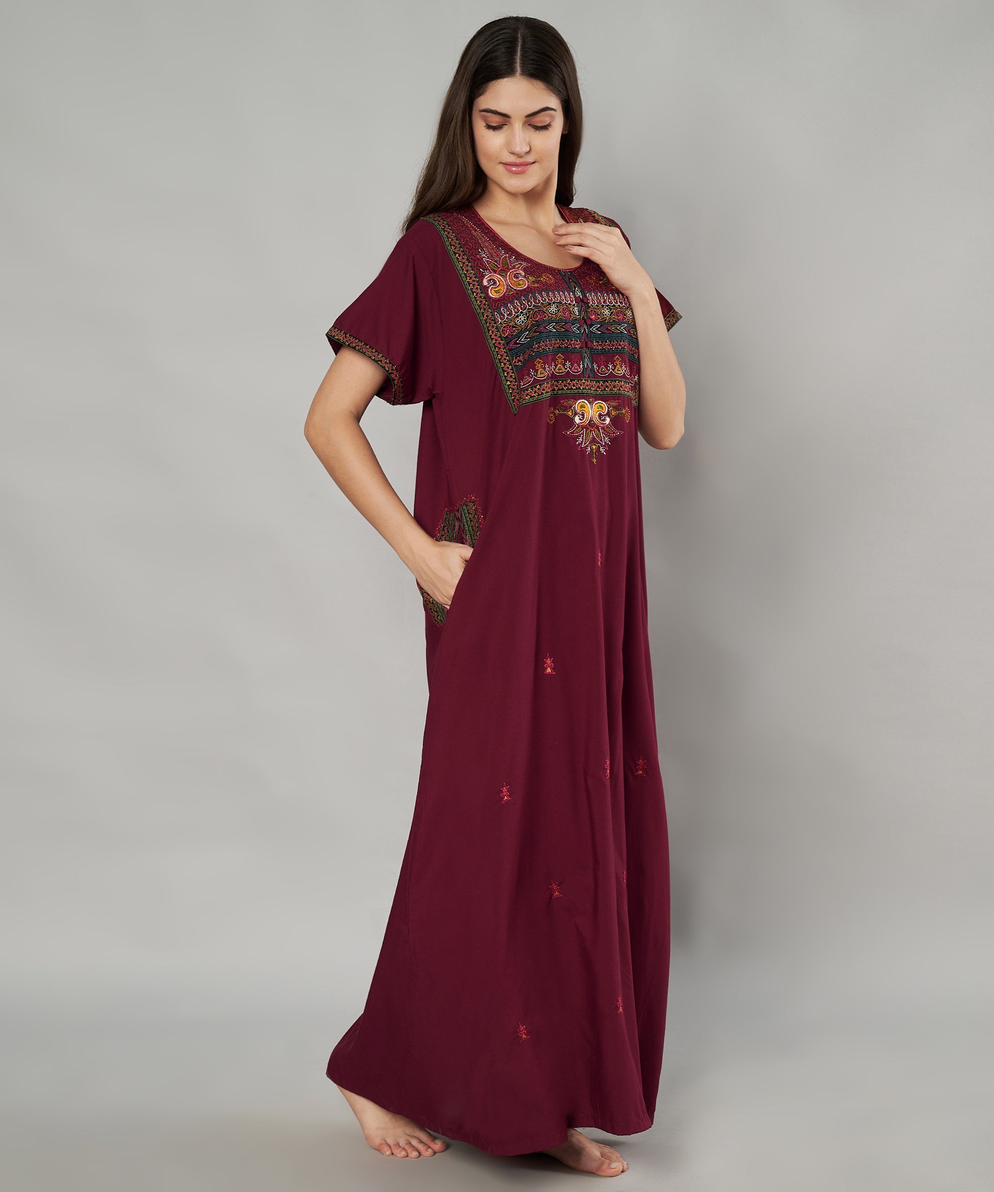 KOI SLEEPWEAR SQR neck bhopali embroidered gown