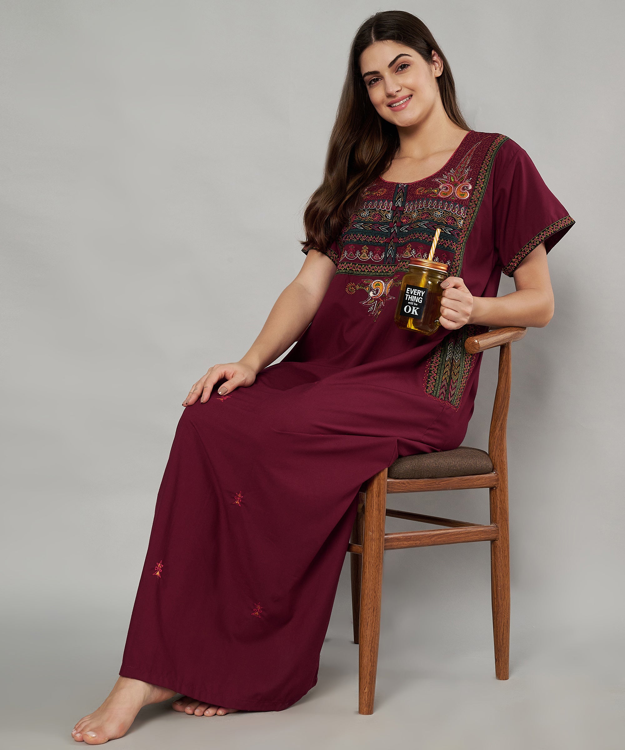 KOI SLEEPWEAR SQR neck bhopali embroidered gown