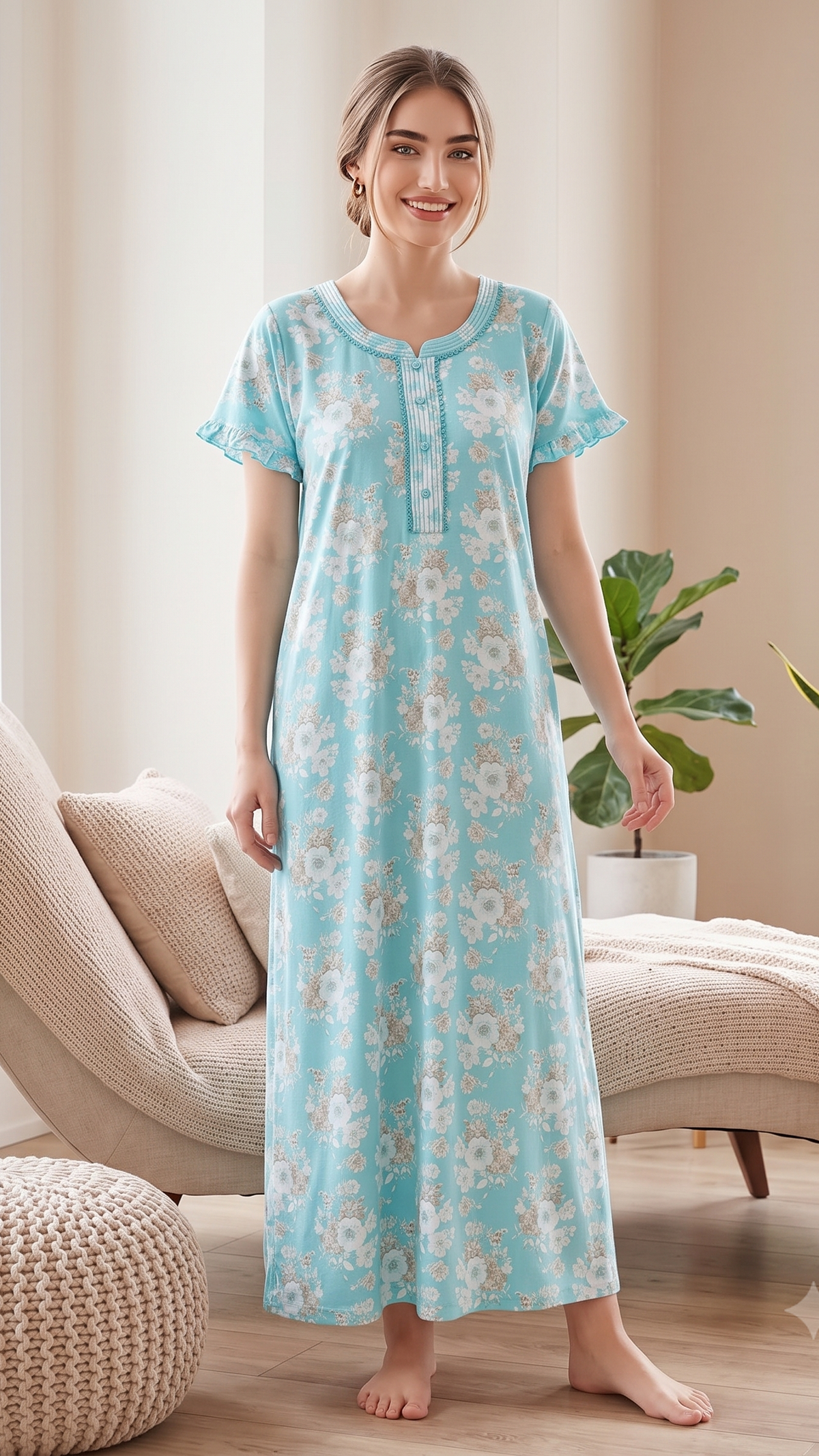 KOI Floral Blossom Alpine Cotton A-Line Nightgown with Flutter Sleeves
