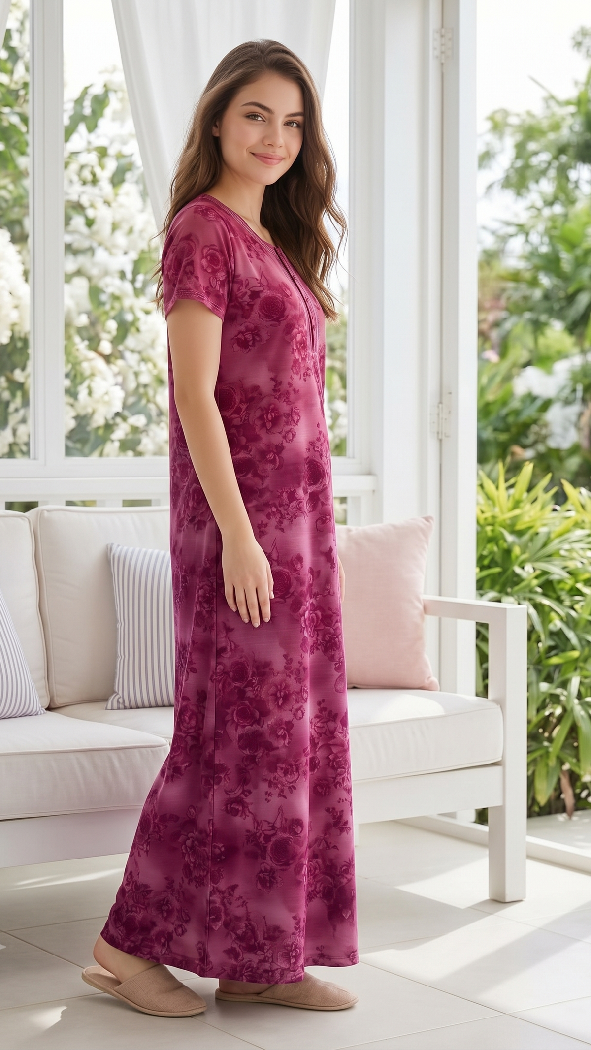 Women’s Short Sleeve Floral A-Line Alpine Nighty – Full Length Loungewear