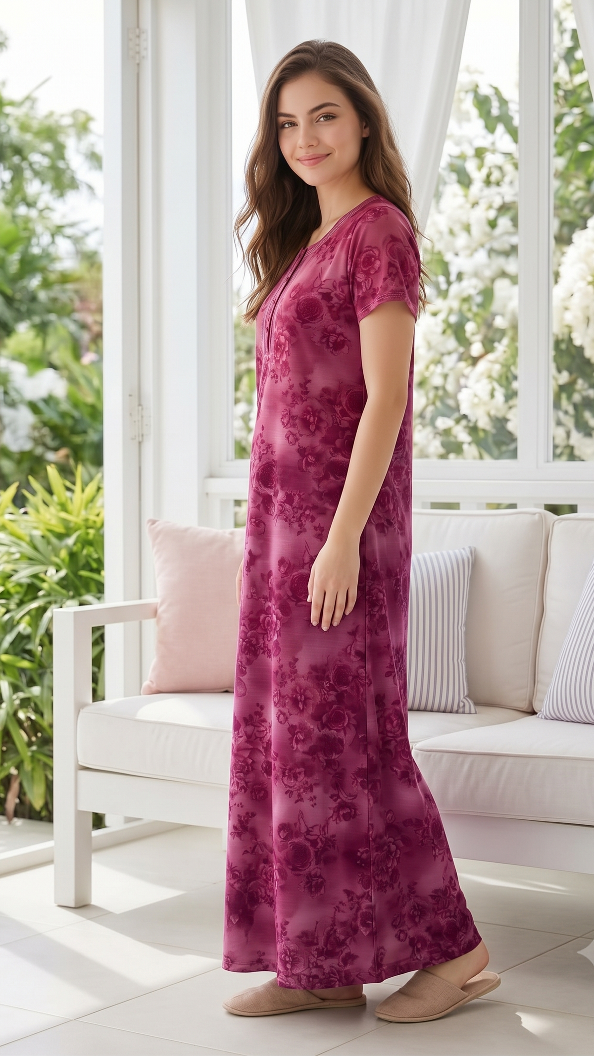 Women’s Short Sleeve Floral A-Line Alpine Nighty – Full Length Loungewear