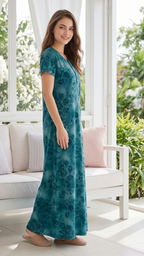 Women’s Short Sleeve Floral A-Line Alpine Nighty – Full Length Loungewear