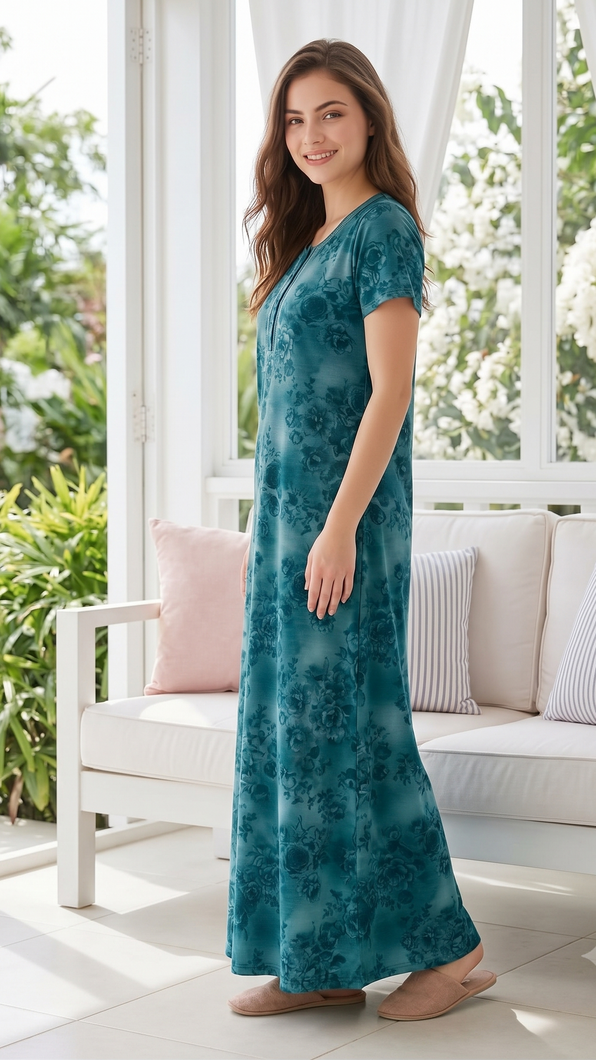 Women’s Short Sleeve Floral A-Line Alpine Nighty – Full Length Loungewear