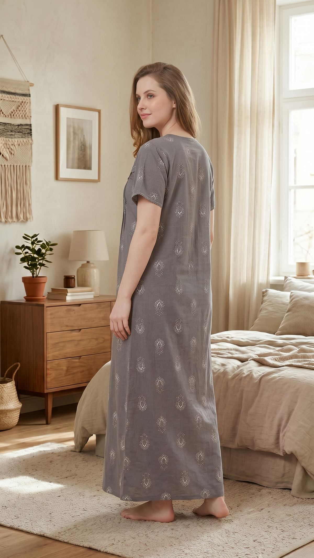 Pleated Floral Motif Lounge Gown