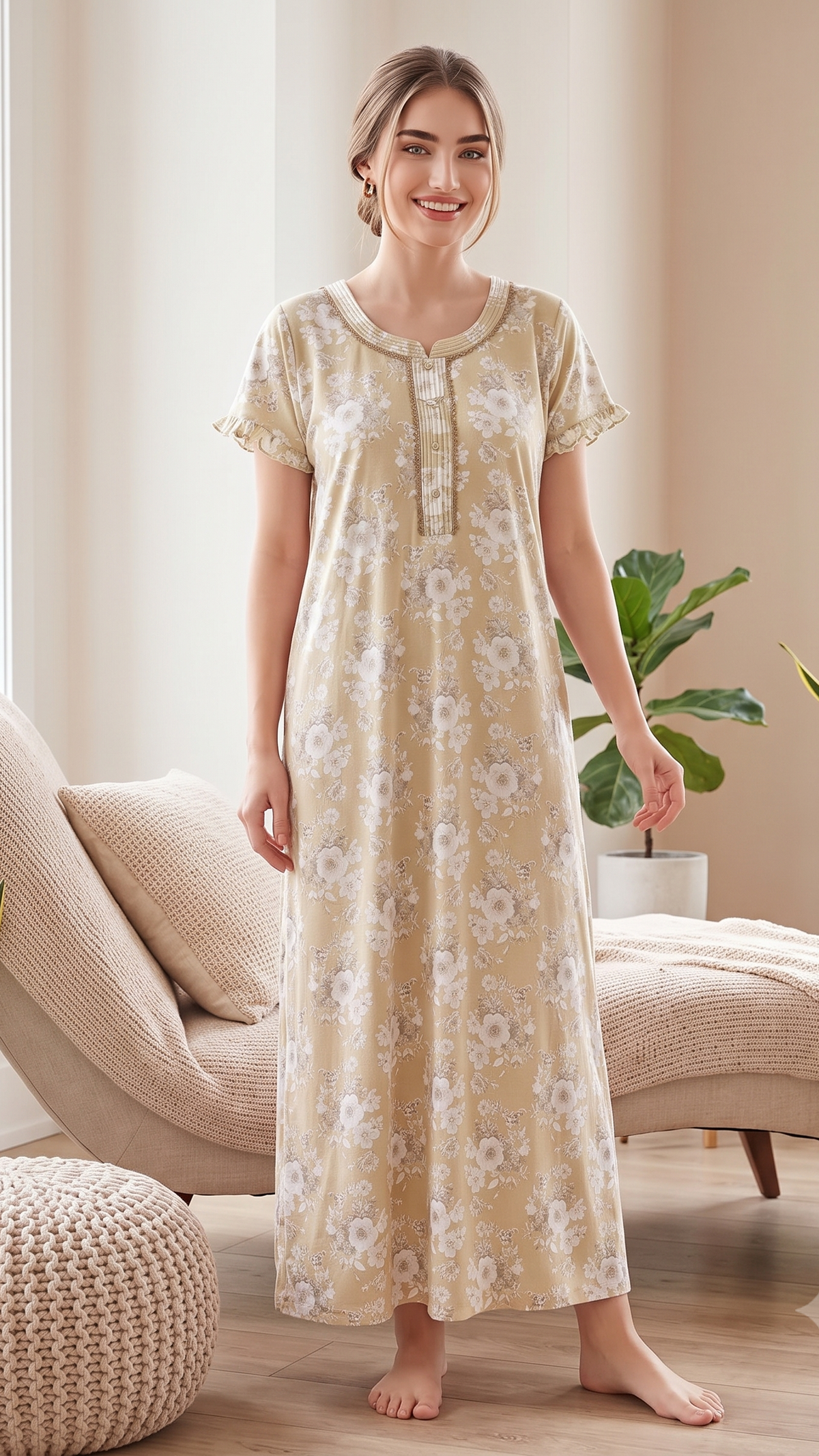 KOI Floral Blossom Alpine Cotton A-Line Nightgown with Flutter Sleeves