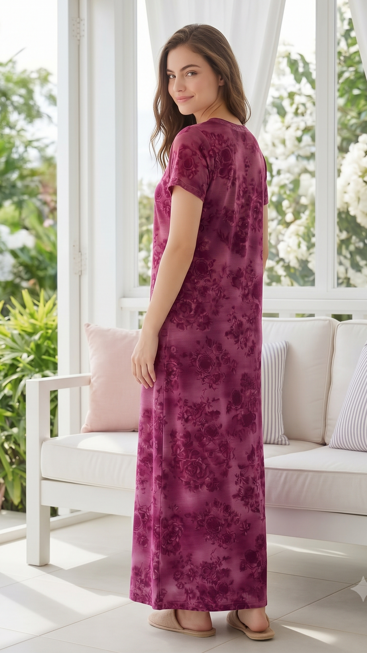 Women’s Short Sleeve Floral A-Line Alpine Nighty – Full Length Loungewear