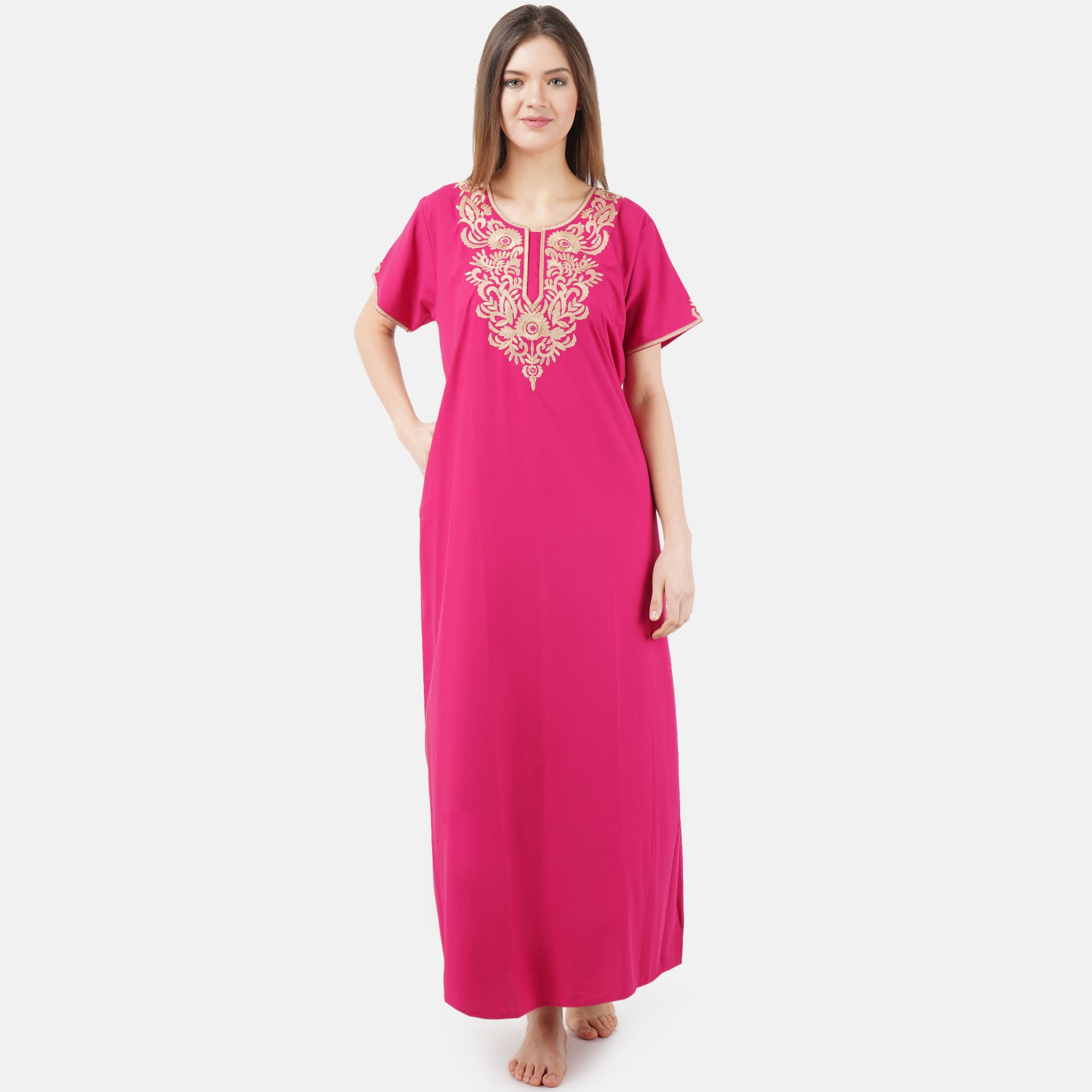 Creme Floral Embroidered  Nightgown