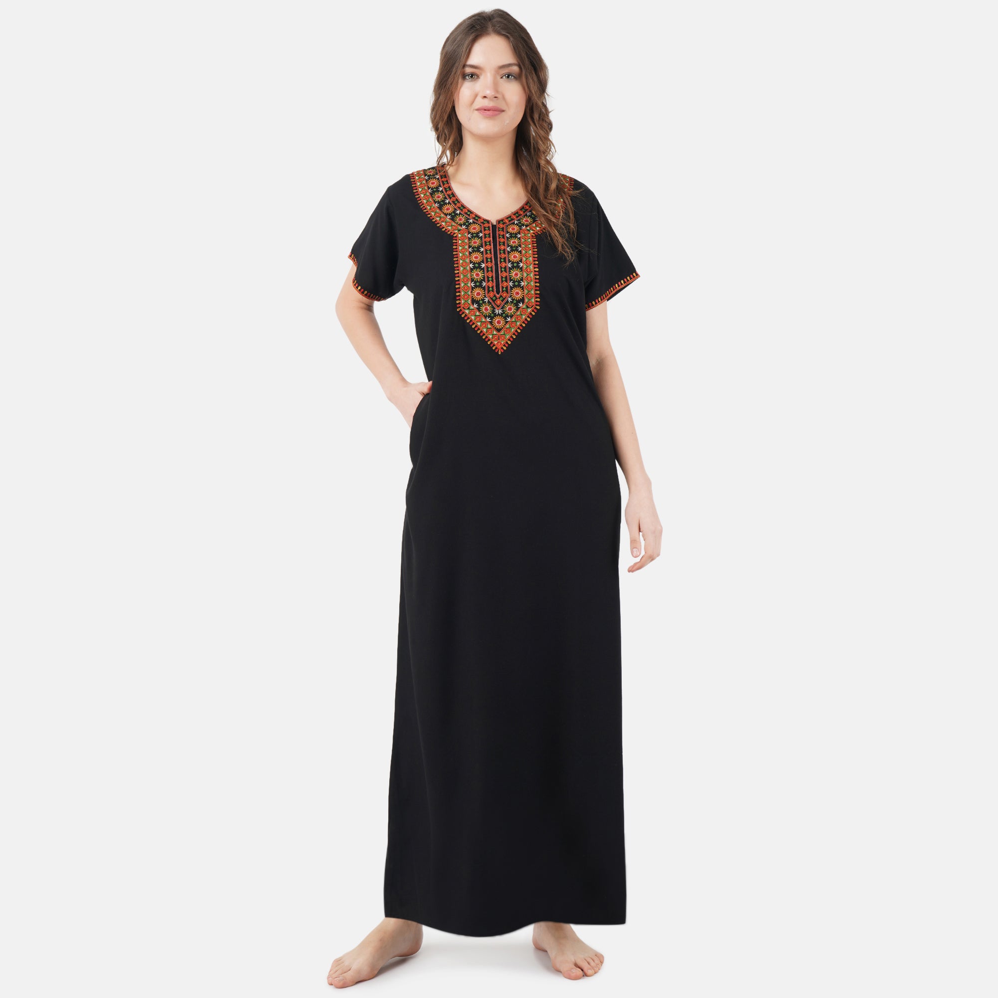 V-shaped Embroidery Night Gown