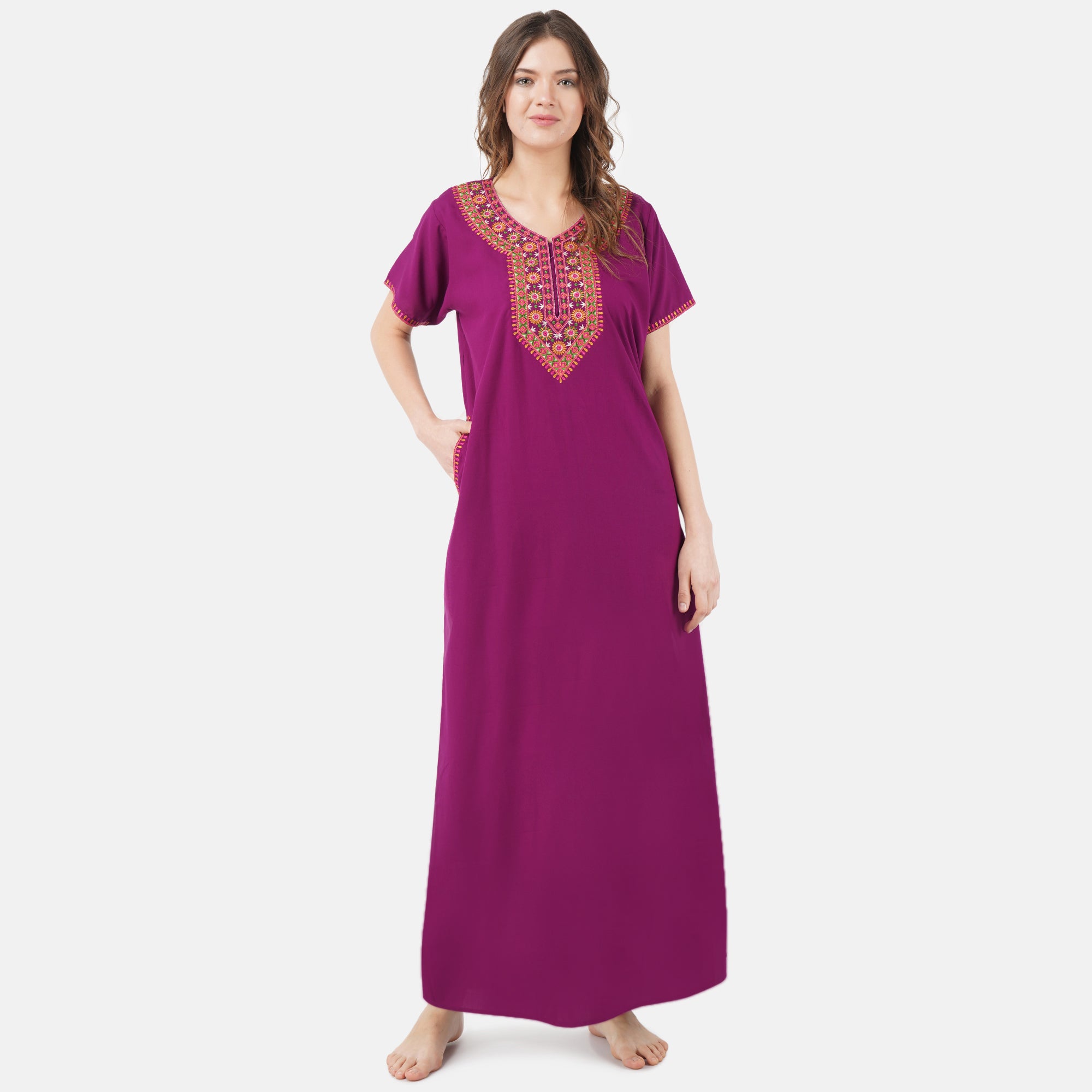 V-shaped Embroidery Night Gown