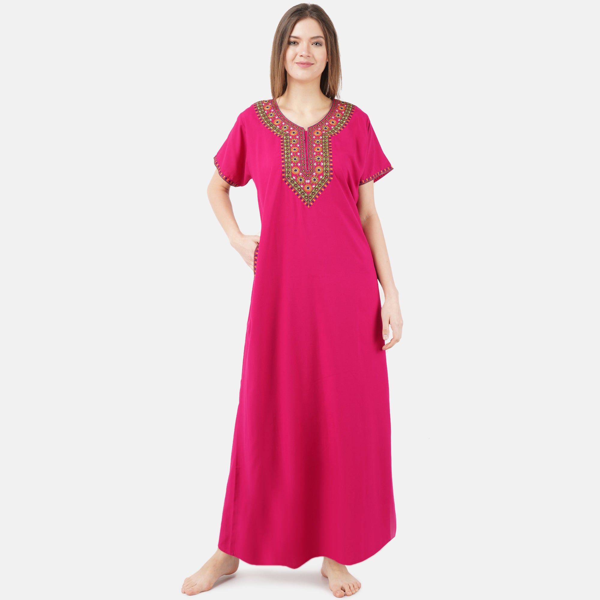 V-shaped Embroidery Night Gown