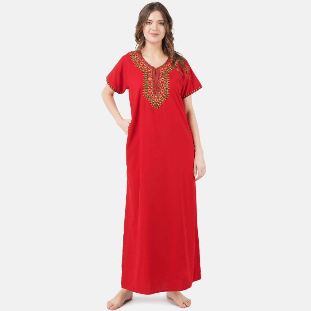 V-shaped Embroidery Night Gown