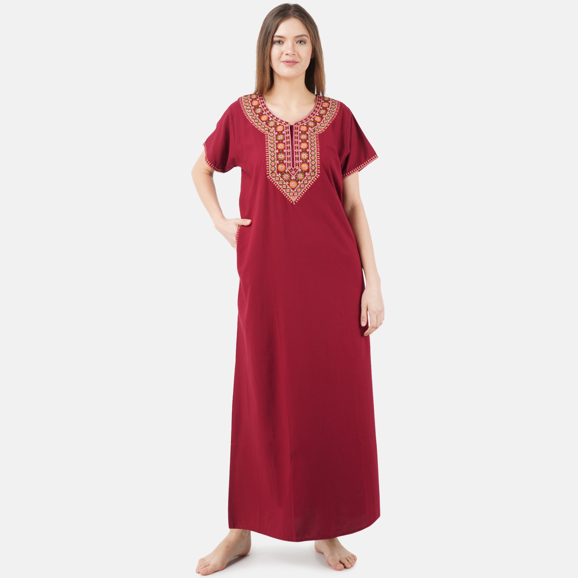 V-shaped Embroidery Night Gown