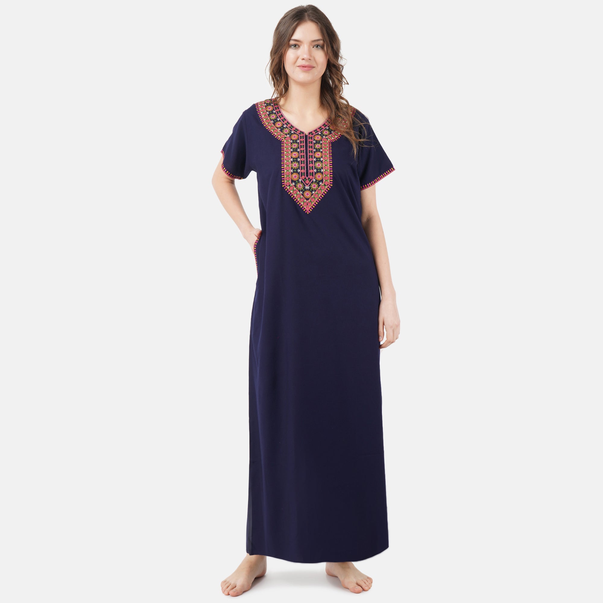 V-shaped Embroidery Night Gown