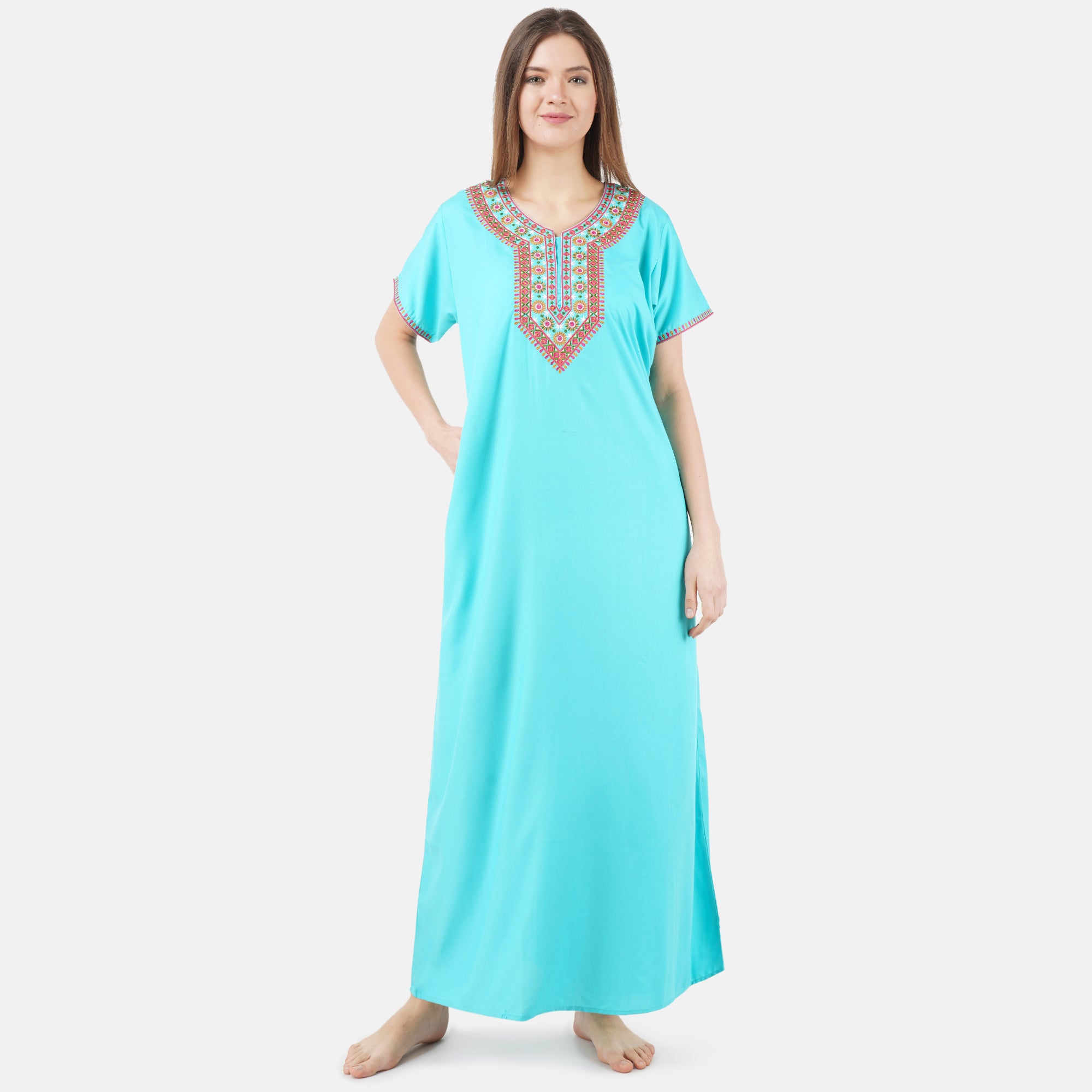 V-shaped Embroidery Night Gown